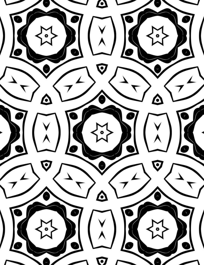 Bold radiant star mandala with intricate star patterns and geometric accents for coloring and meditation.