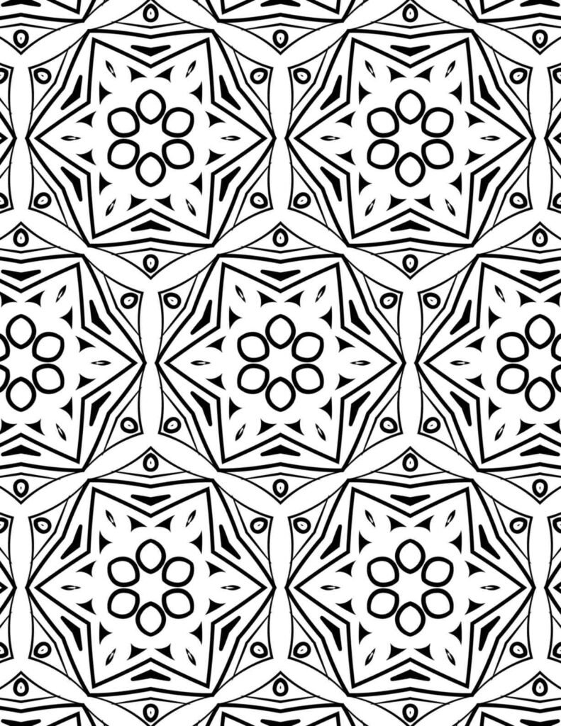 Geometric star-shaped mandala with layered pointed segments and central petal motifs in a tiled black and white pattern