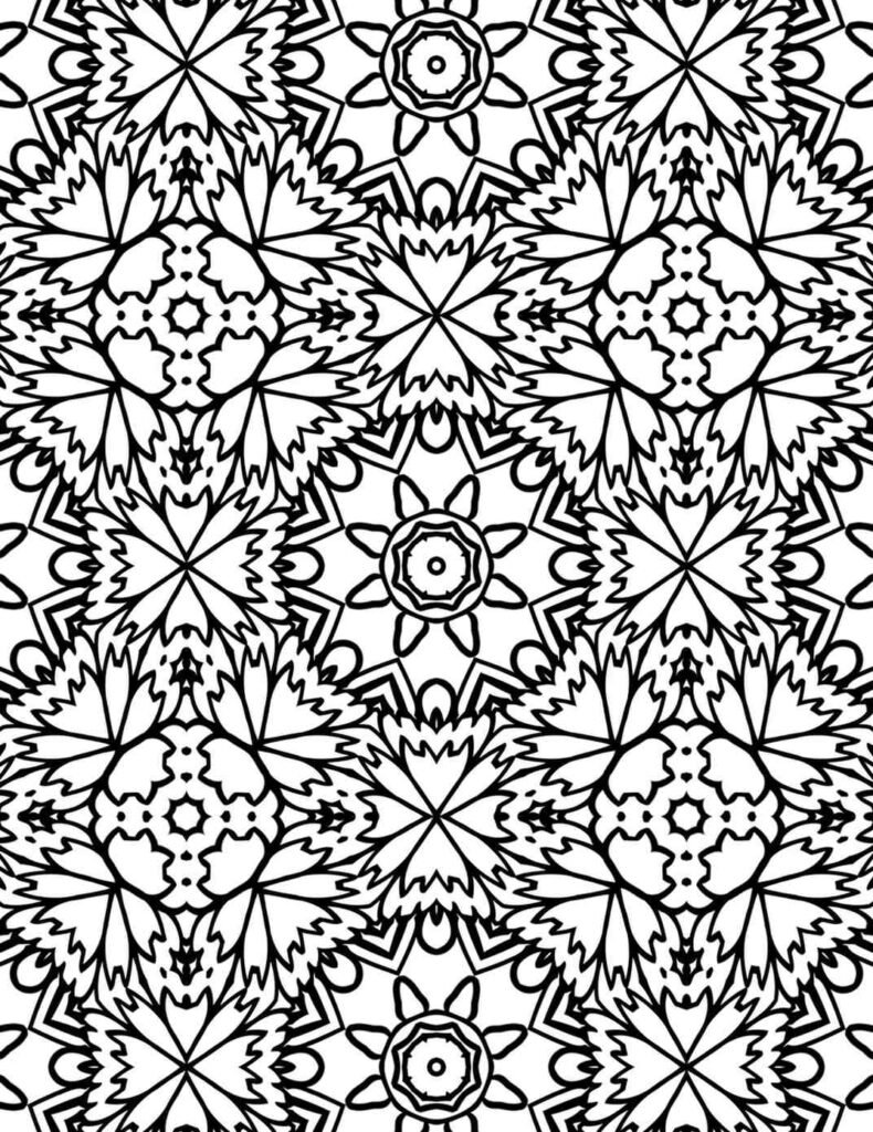 Bold black and white mandala design featuring radiating star-like elements and floral accents, perfect for focused coloring and artistic exploration.
