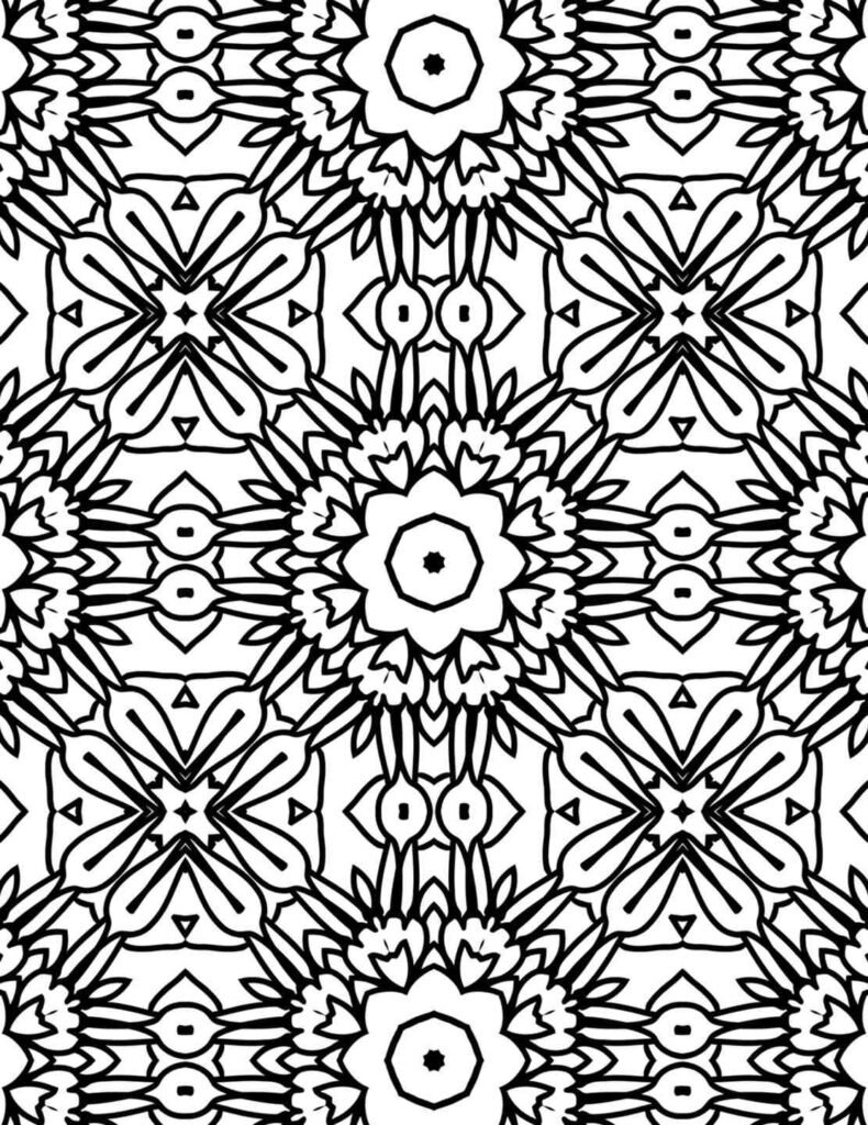 Symmetrical black and white mandala with a repeating pattern of starburst flowers and intricate geometric accents, perfect for mindful coloring and focus.