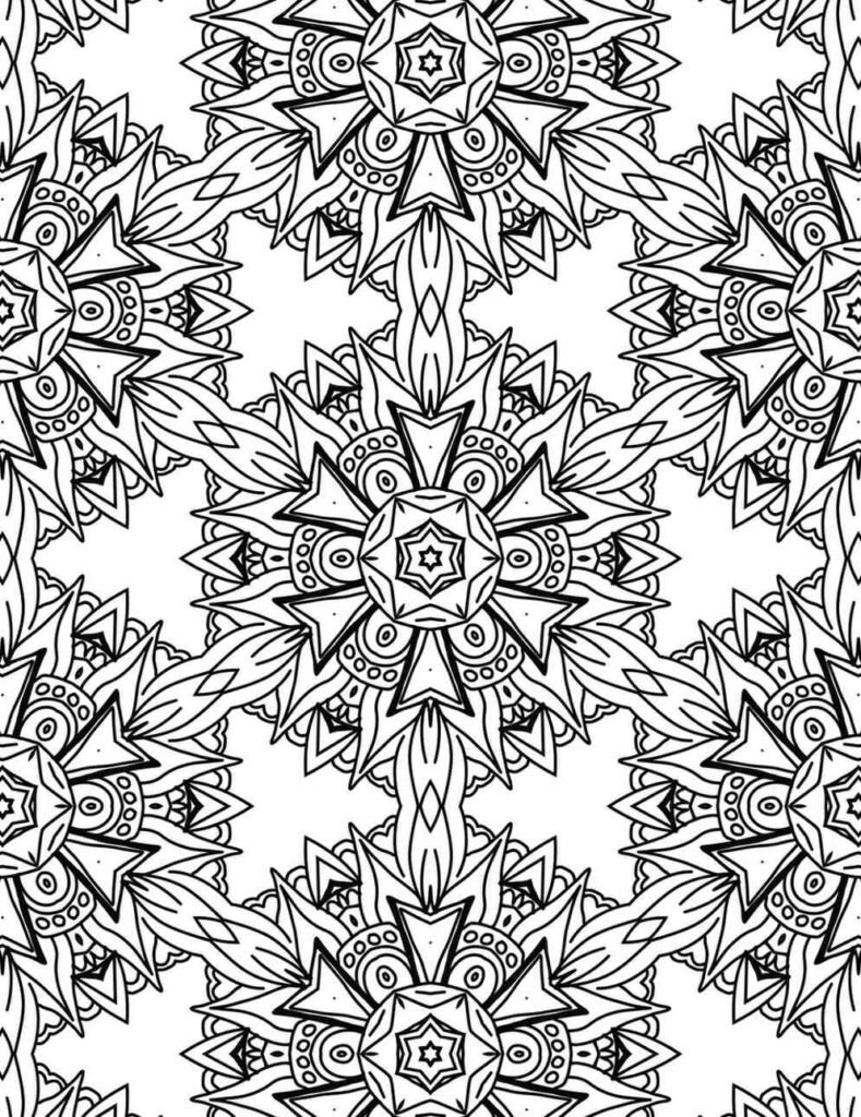 Intricate black and white radiant starburst mandala with floral and geometric patterns for coloring and meditation.