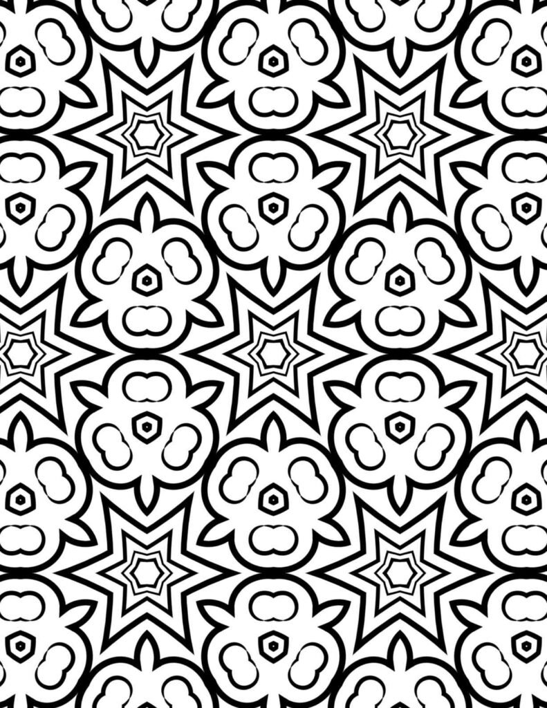 Black and white geometric star mandala with floral and circular motifs for coloring and creative relaxation