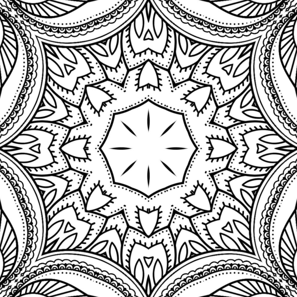 Symmetrical black and white mandala with a prominent central starburst pattern, surrounded by layers of highly detailed teardrop shapes, scalloped borders, and dot work, ideal for stress relief.