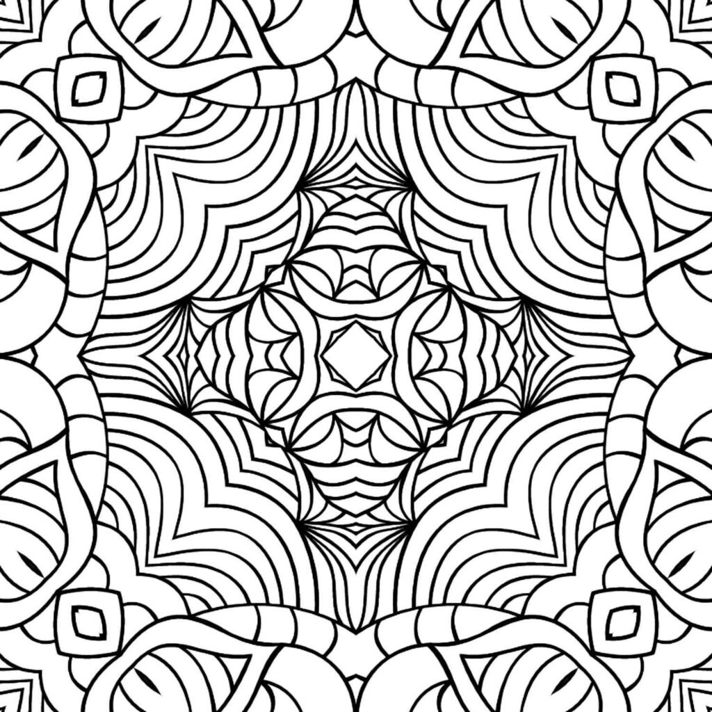 Abstract mandala coloring page featuring a central starburst pattern with flowing lines and geometric accents, suitable for creative coloring and relaxation.