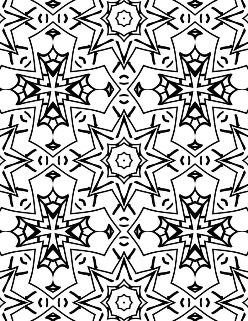 Free printable radiant starburst mandala coloring page with bold geometric stars, dynamic lines, and intricate patterns for energetic mindfulness and adult coloring.