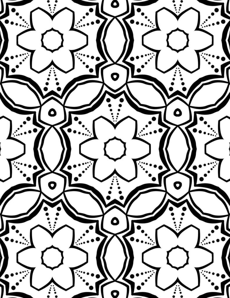 Intricate black and white radiant starflower mandala with floral symmetry and dotted accents for coloring and mindfulness.