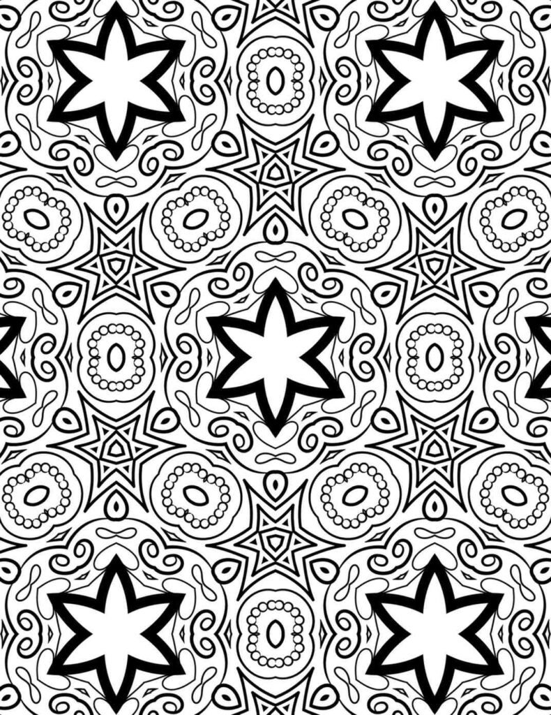 Black-and-white mandala with radiant star patterns, beaded circles, and swirling waves, ideal for coloring, crafts, and meditation.