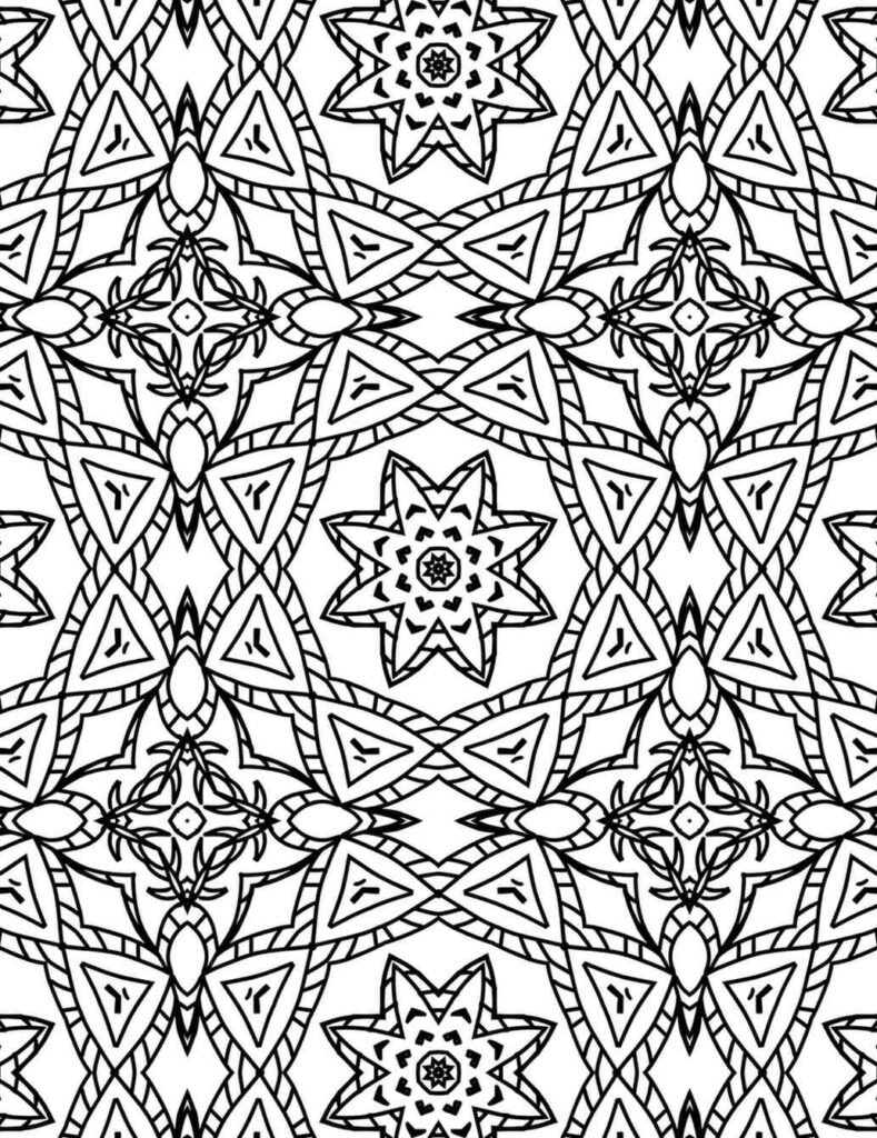 Star-shaped black and white mandala design with triangle and lattice elements for coloring