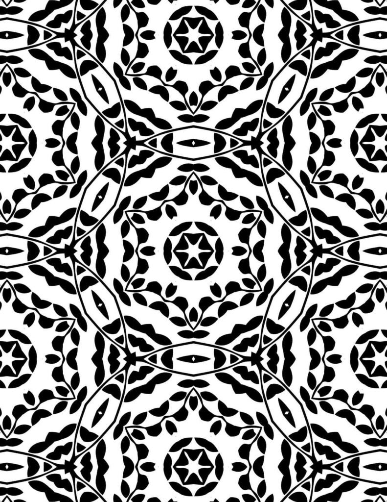Black and white radiant vine star mandala with intricate leafy patterns and star-shaped centers for coloring and relaxation.