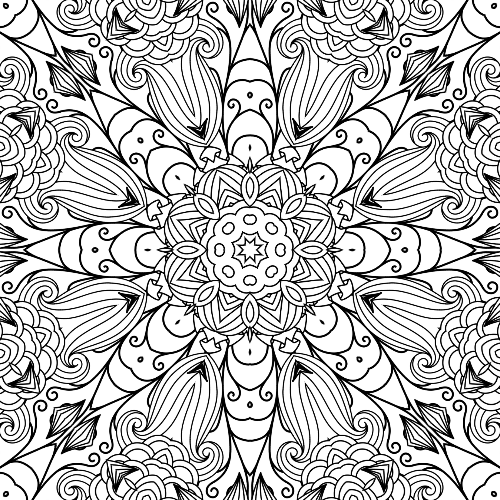 Circular mandala design featuring a central star-like pattern surrounded by layers of petals, swirls, and geometric accents, perfect for mindful coloring and creative expression.
