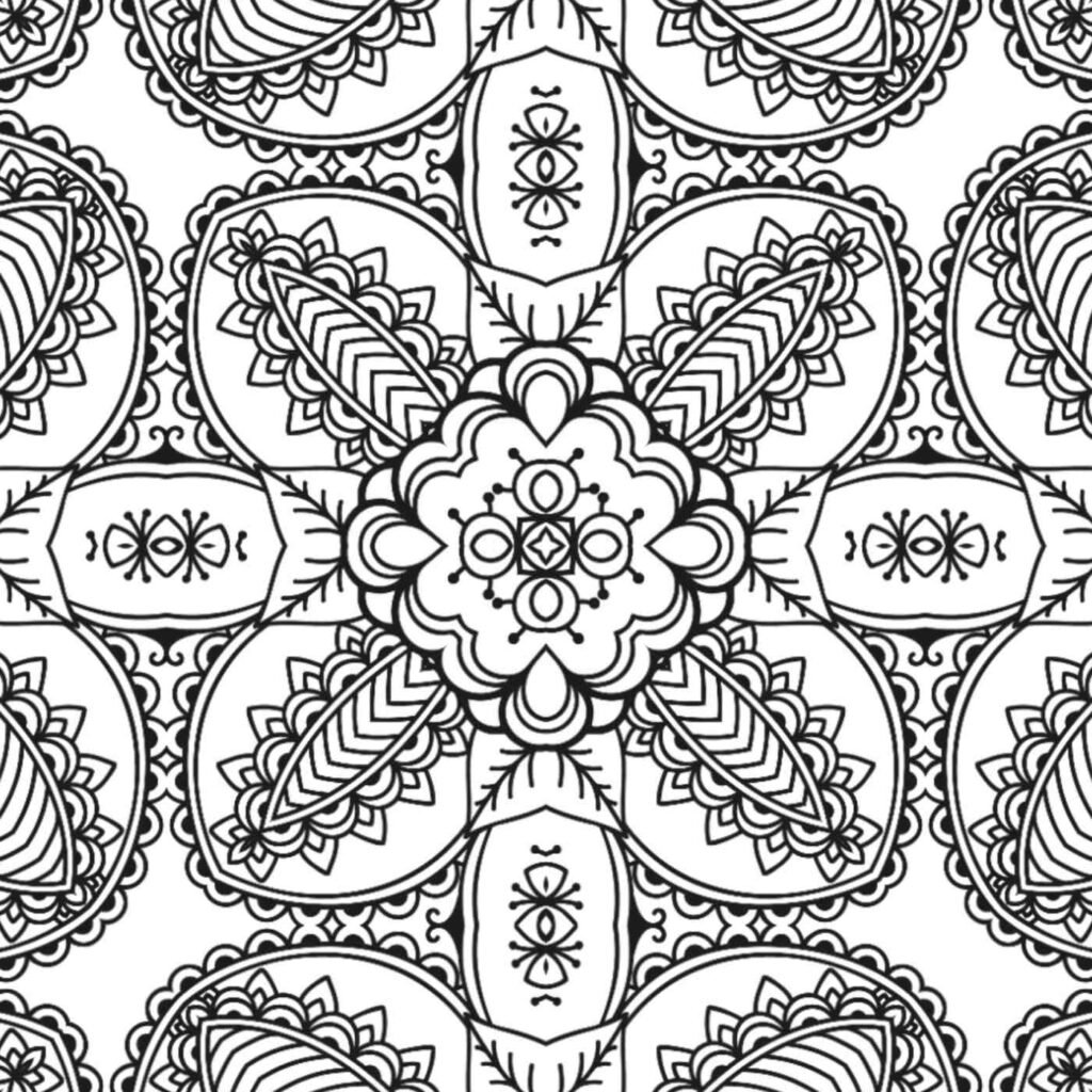 Ornate mandala with feather-like shapes and scalloped patterns for coloring and mindfulness