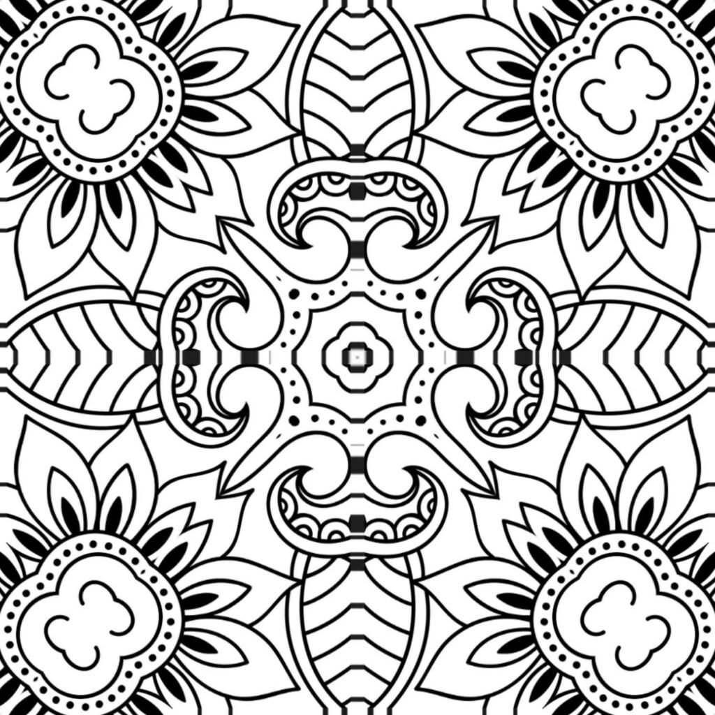 Ornate regal filigree mandala coloring page with central decorative cross and detailed floral-leaf patterns, perfect for mindful relaxation.
