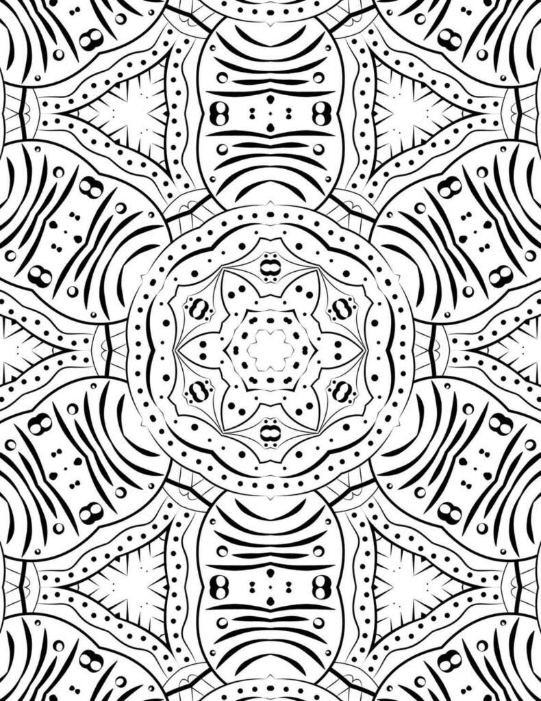 Bold rhythmic gaze mandala with central star, radiating dots, and unique eye-like patterns for focused coloring and mindfulness.