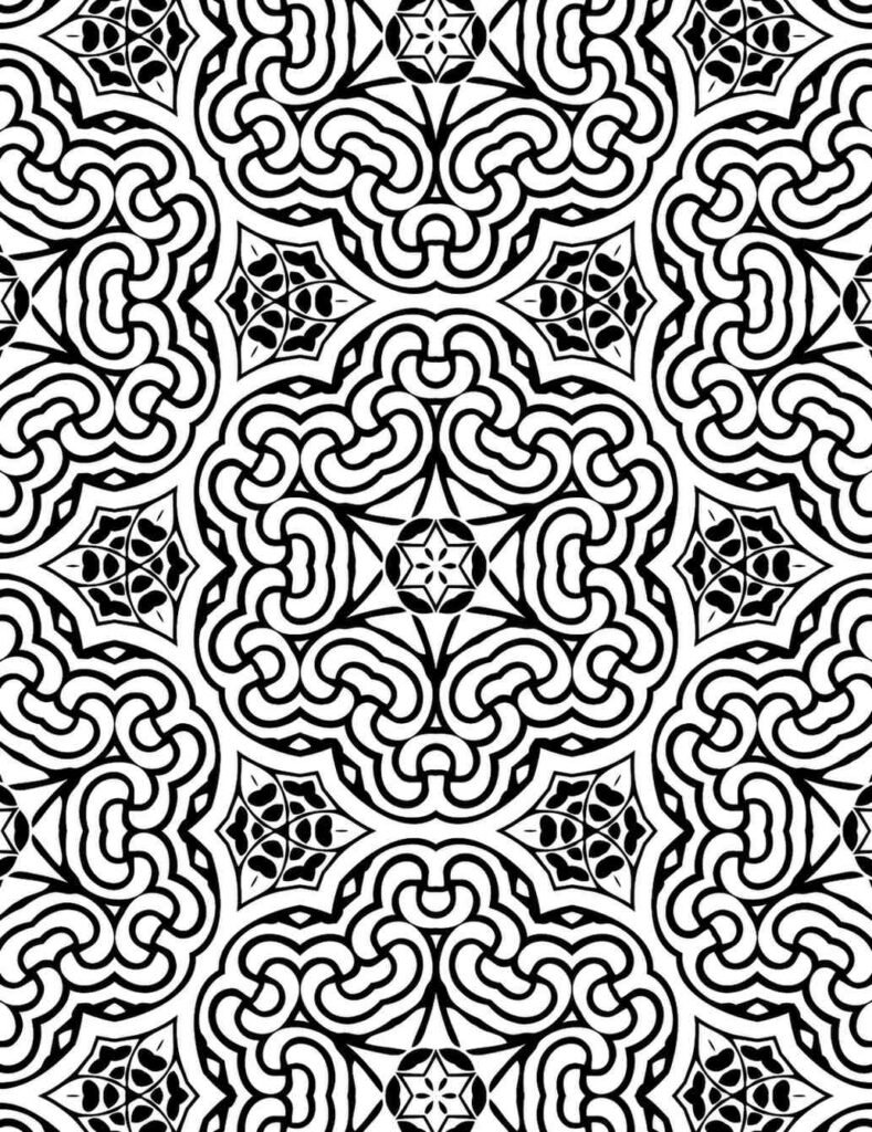 Elegant black and white mandala with ribbon-like curves and star-shaped floral patterns for coloring and meditation