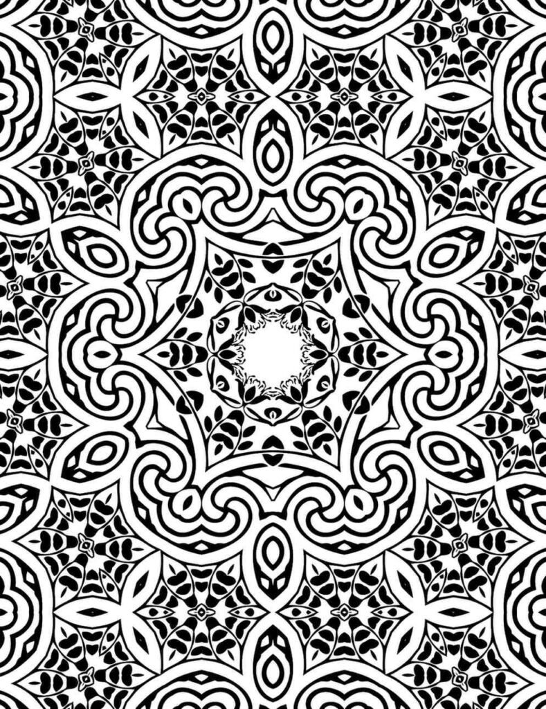 Black and white mandala with petal motifs, leaf patterns, and swirling lines radiating from a floral center