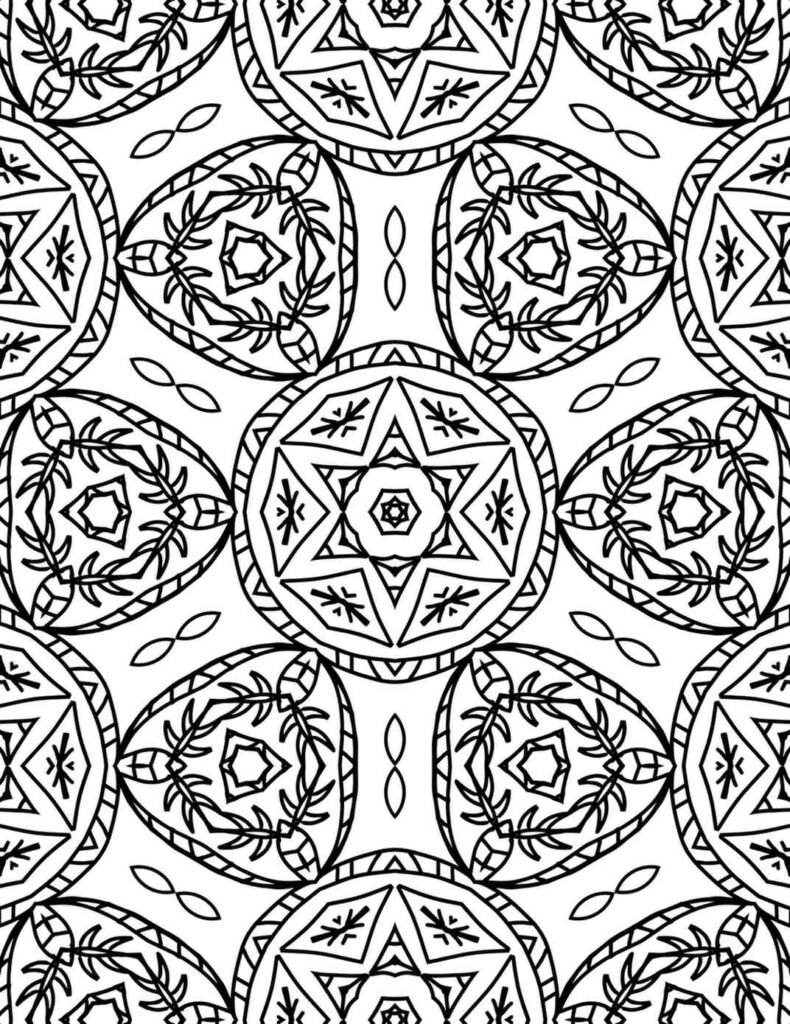 Symmetrical black and white mandala with star centers, leaf arches, and circular tribal patterns