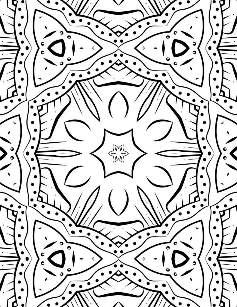 Sacred gaze mandala coloring page with central floral star, broad shields, and detailed eye-like patterns