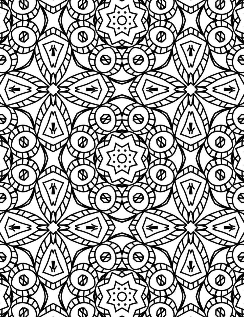 Free printable sacred geometry mandala coloring page featuring intricate star patterns, geometric shapes, and symmetrical designs for adult mindfulness.