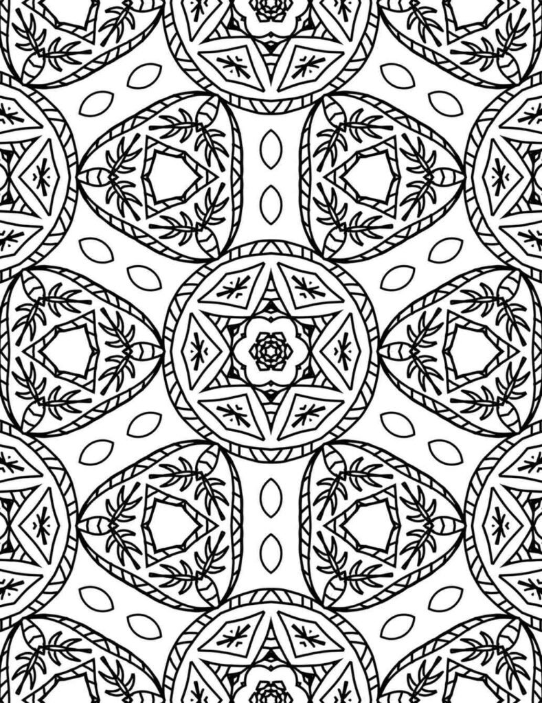 Black and white mandala pattern with circular floral cores, triangular framing, and leaf-like embellishments