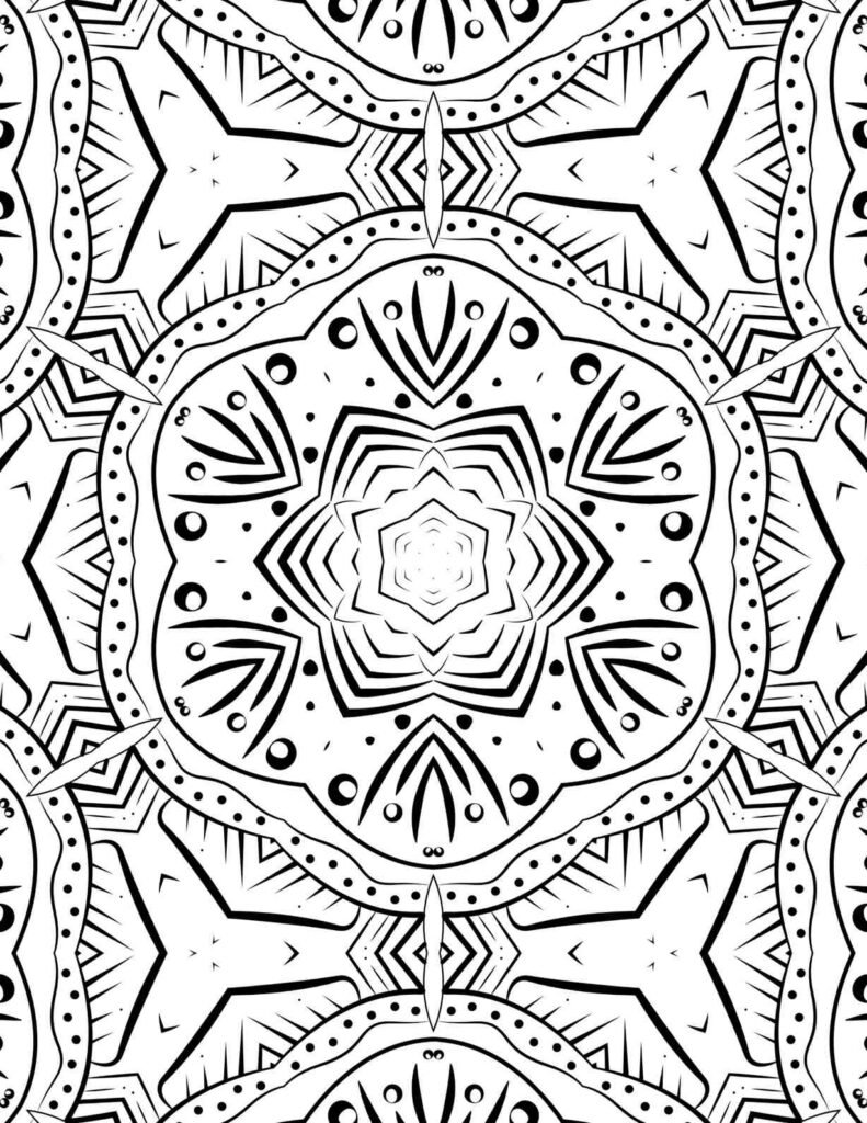 Symmetrical black and white mandala with a prominent central star, sharp geometric angles, and intricate dotted details for adult coloring.