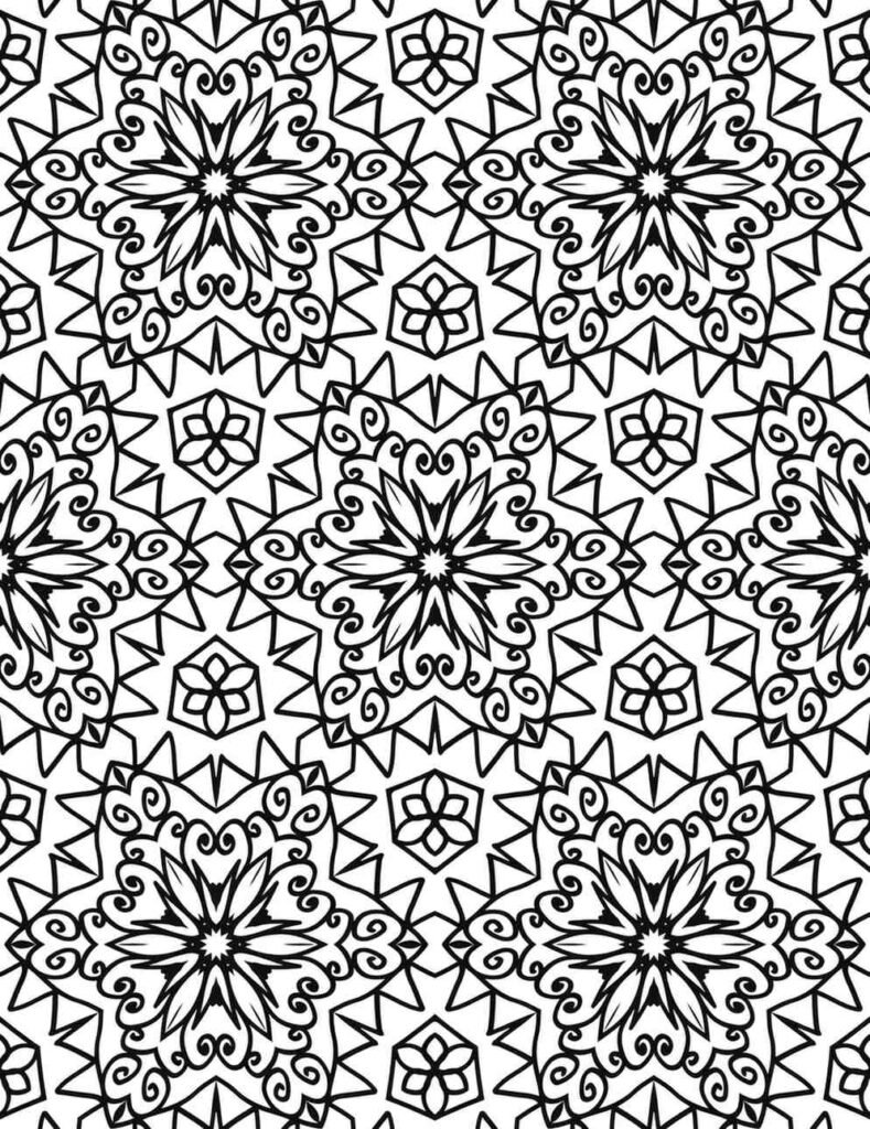 Black and white seamless ornamental mandala coloring page featuring repeating central floral motifs surrounded by intricate swirling patterns and delicate outlines, ideal for continuous mindful art.