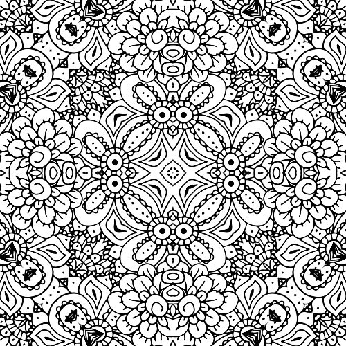 Highly intricate seed of life inspired mandala coloring page with central dotted patterns and dense layers of stylized floral motifs.