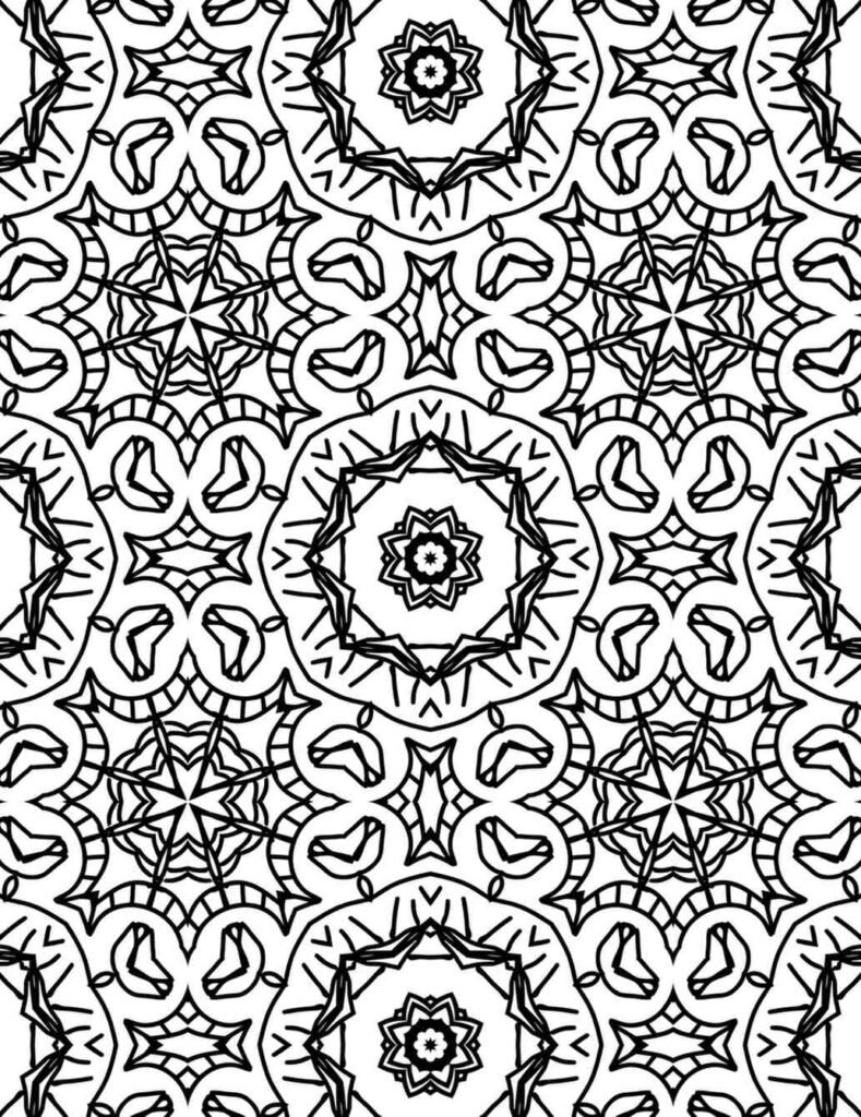 Free printable serene bloom mandala coloring page with intricate floral patterns, geometric stars, and delicate swirls for adult mindfulness and relaxation.