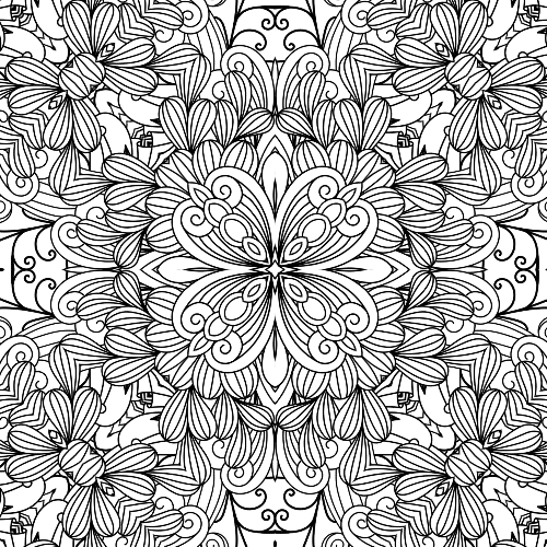 Calm and balanced mandala design featuring four prominent floral motifs surrounded by swirling organic shapes, ideal for relaxation and creative coloring.