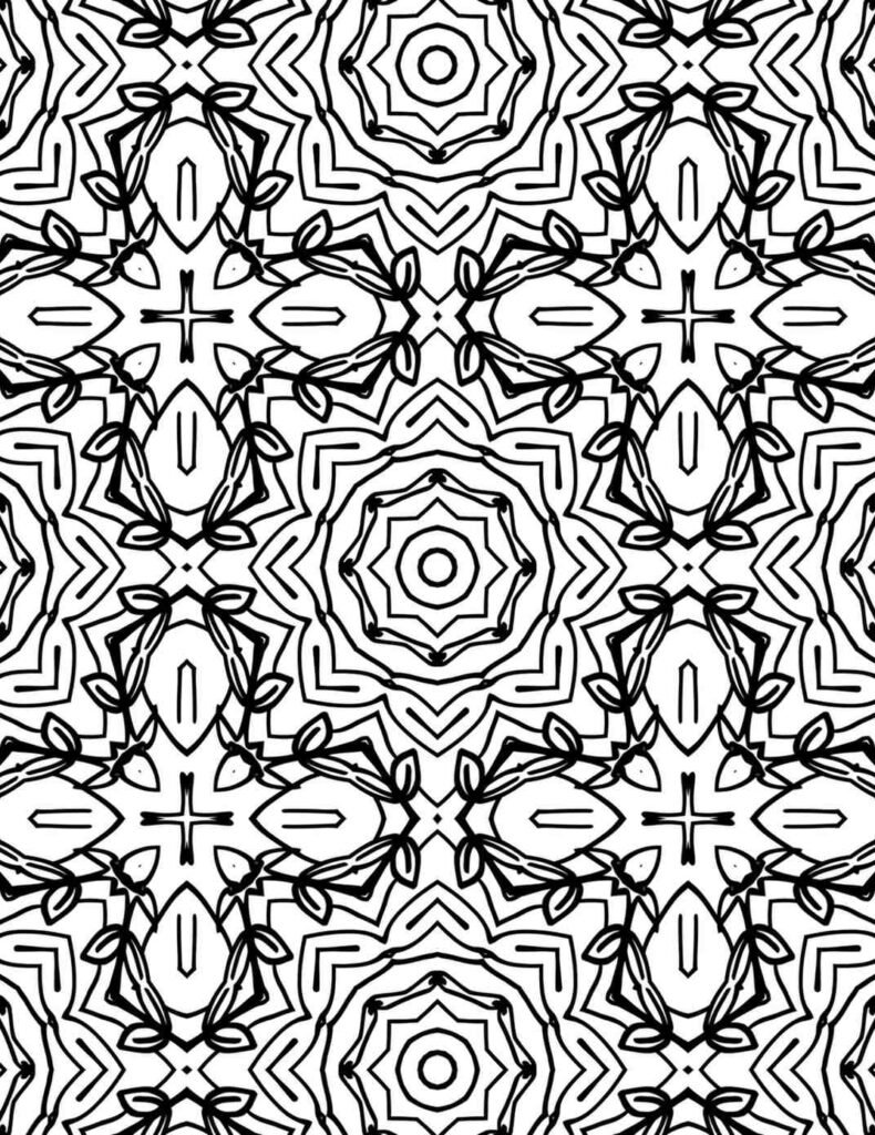Delicate black and white mandala coloring page with repeating floral patterns, intricate leaves, and subtle cross-like elements, perfect for calming meditation and artistic expression.