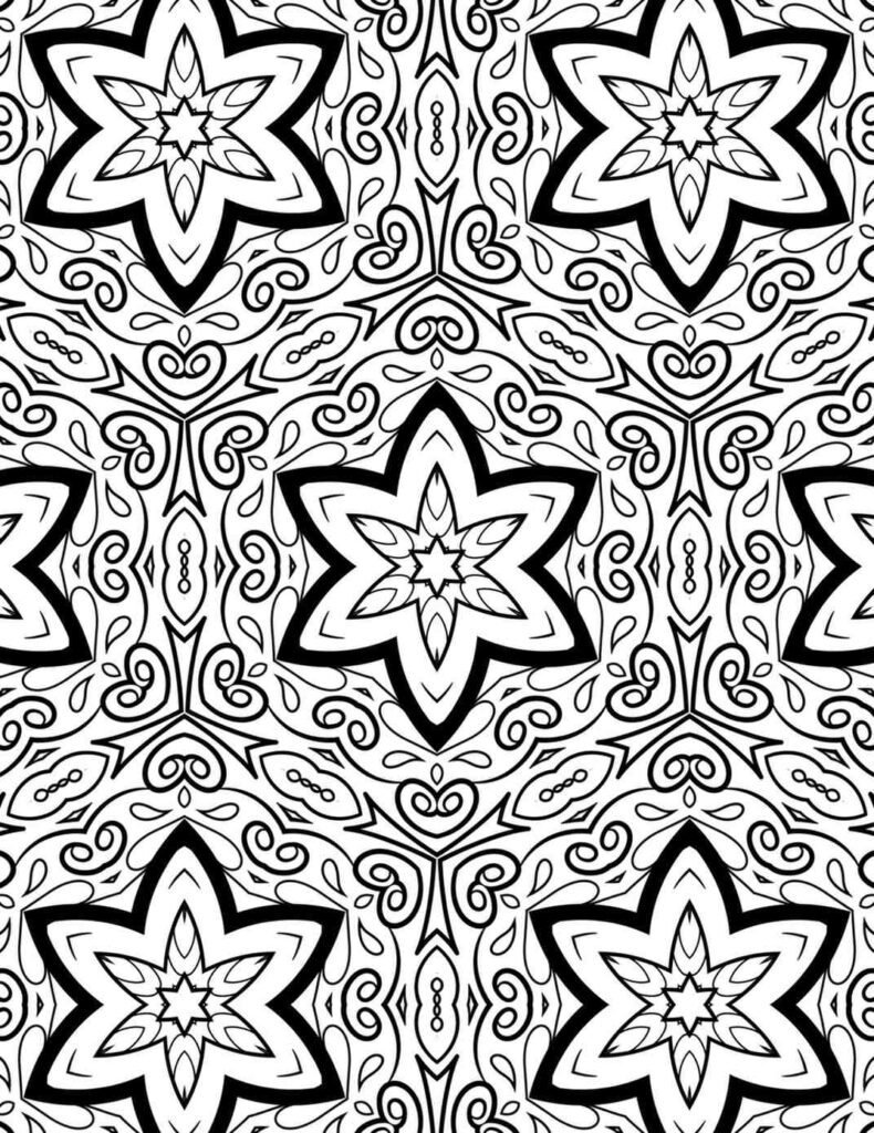 Detailed black and white mandala with star and swirling vine patterns for adult coloring and relaxation