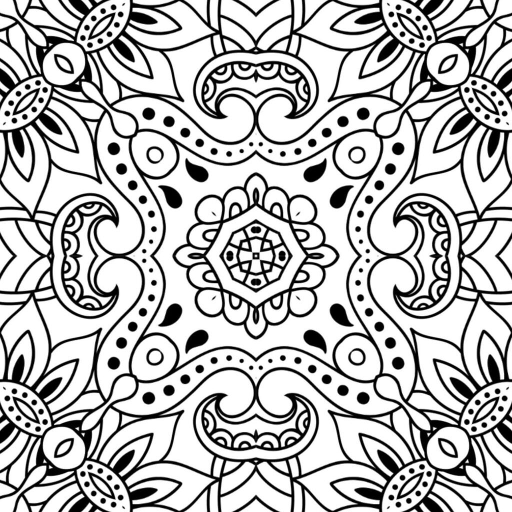 Elegant serene swirl mandala coloring page with flowing organic patterns, delicate dots, and intricate details, perfect for relaxation.