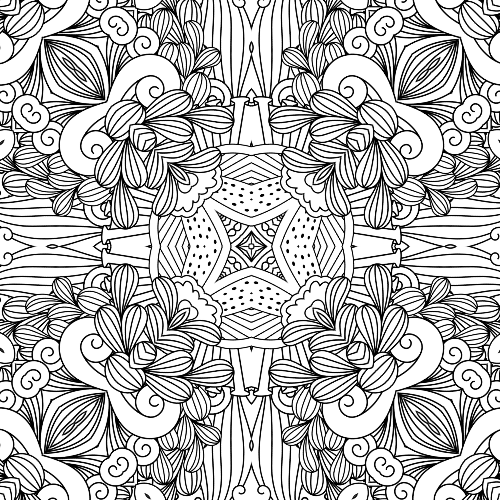 Symmetrical mandala design with flowing swirly patterns, intricate floral elements, and a dotted central motif for relaxation coloring.