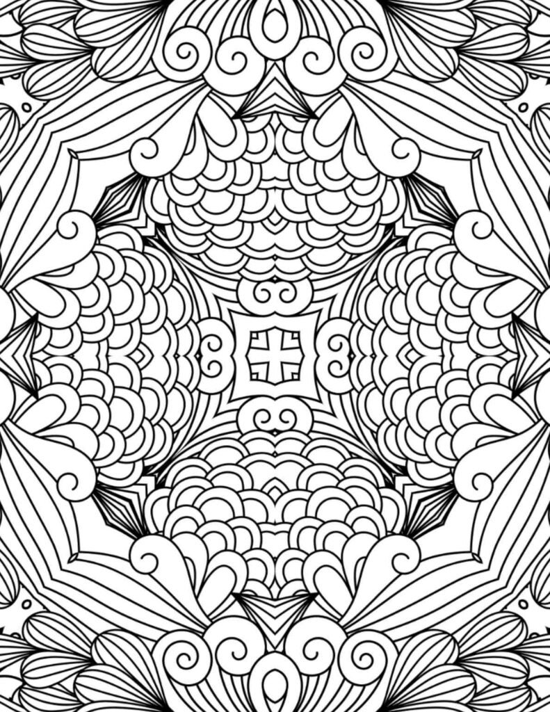 Serene swirls mandala with curved patterns and scalloped details for coloring and meditation