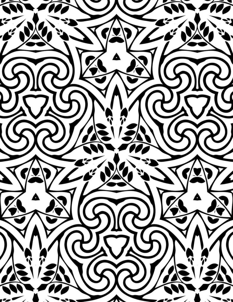 Detailed black and white mandala with swirling patterns, leaves, and geometric stars, perfect for coloring and relaxation.