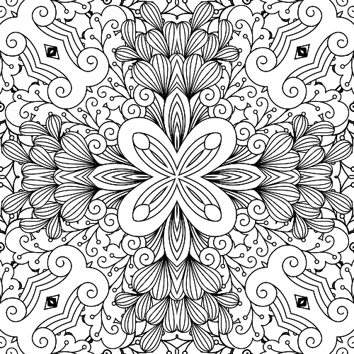 Detailed mandala coloring page featuring swirling patterns, floral motifs, and symmetrical design elements, perfect for relaxation.