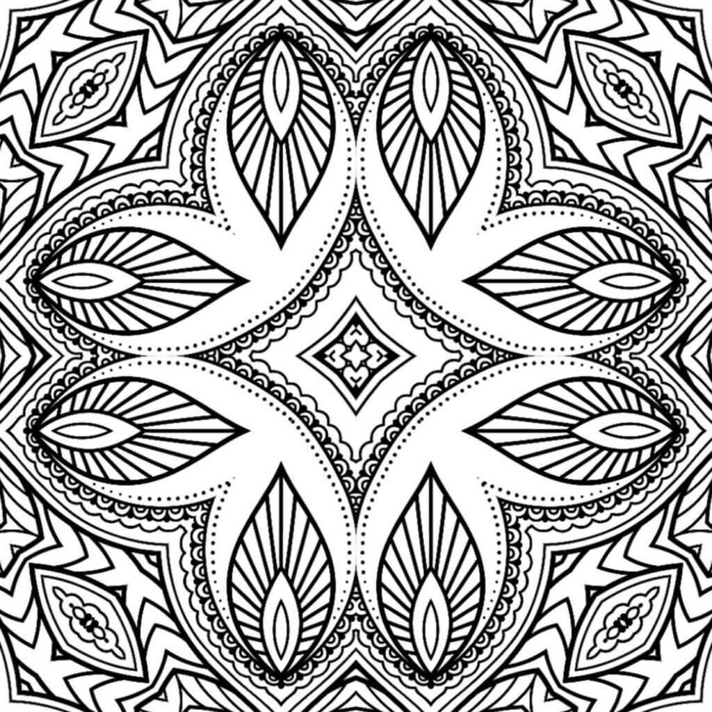 Intricate black and white mandala design featuring repeating leaf-like and geometric patterns radiating from a central diamond motif.