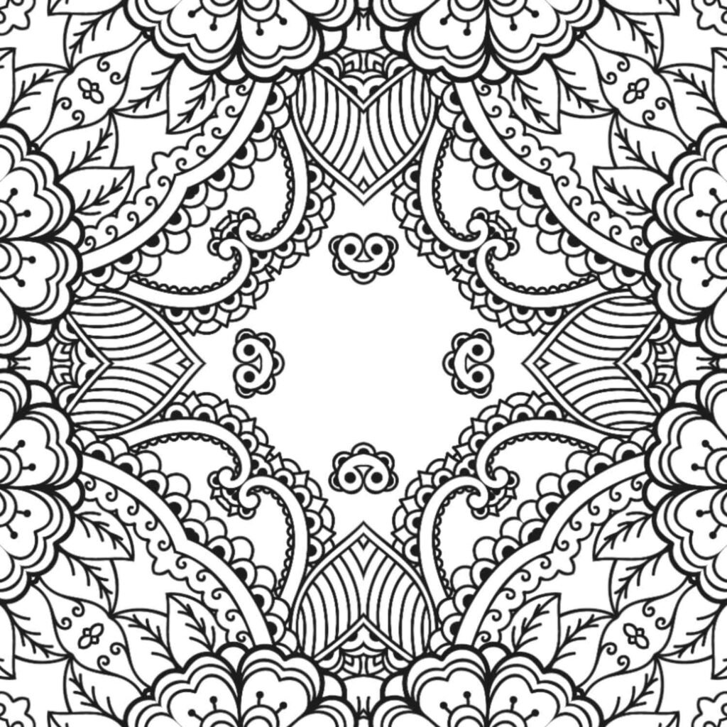 Detailed serenity blossom mandala with floral paisley patterns and diamond center for coloring and crafts.