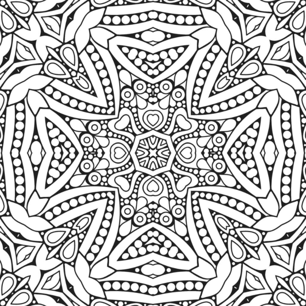 Detailed heart and petal mandala for coloring, mindfulness, and relaxation.