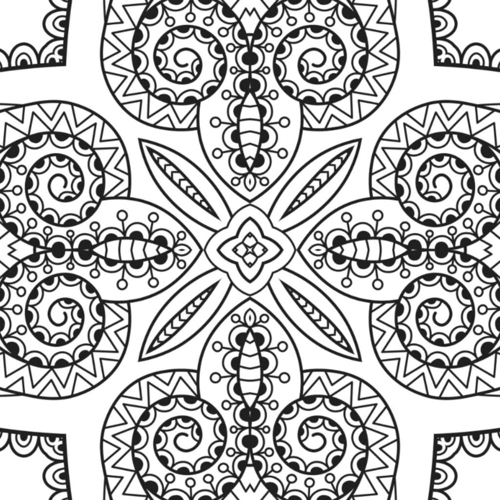 Ornate black and white circular mandala with intricate swirling patterns, teardrop shapes, chevron arrows, and detailed borders, ideal for advanced coloring or meditative focus.