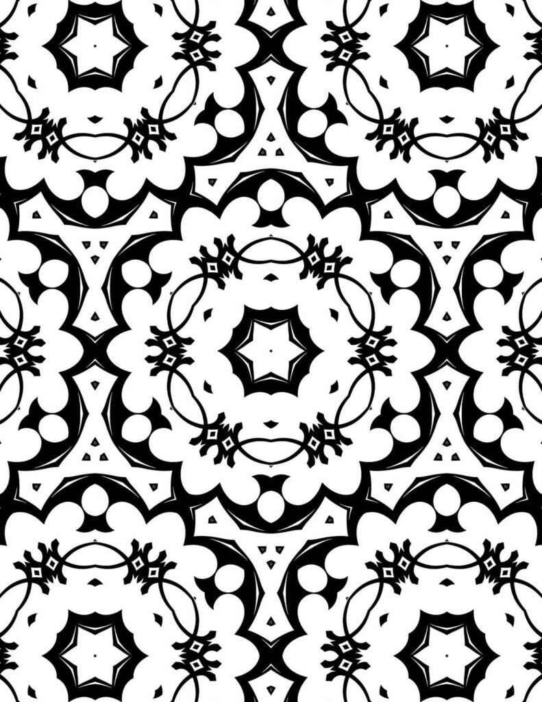 Bold black and white mandala with six-pointed star centers, abstract floral shapes, and strong angular symmetry