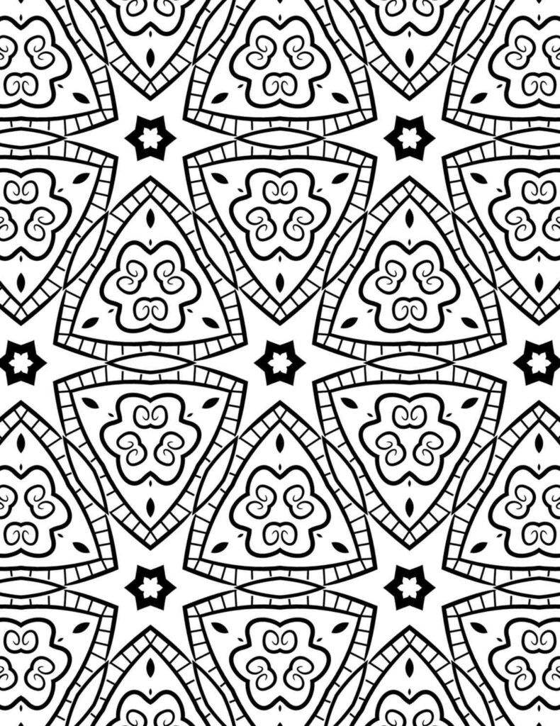 Black and white mandala featuring floral clusters within triangular shield frames and star connectors