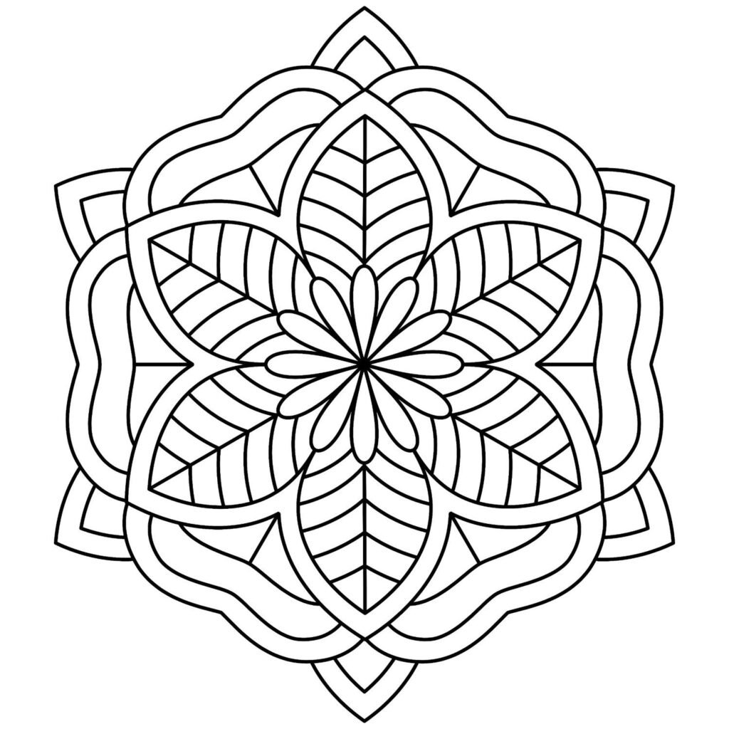 Beginner-friendly mandala design with prominent leaf and petal shapes, perfect for calming coloring activities and mindfulness.
