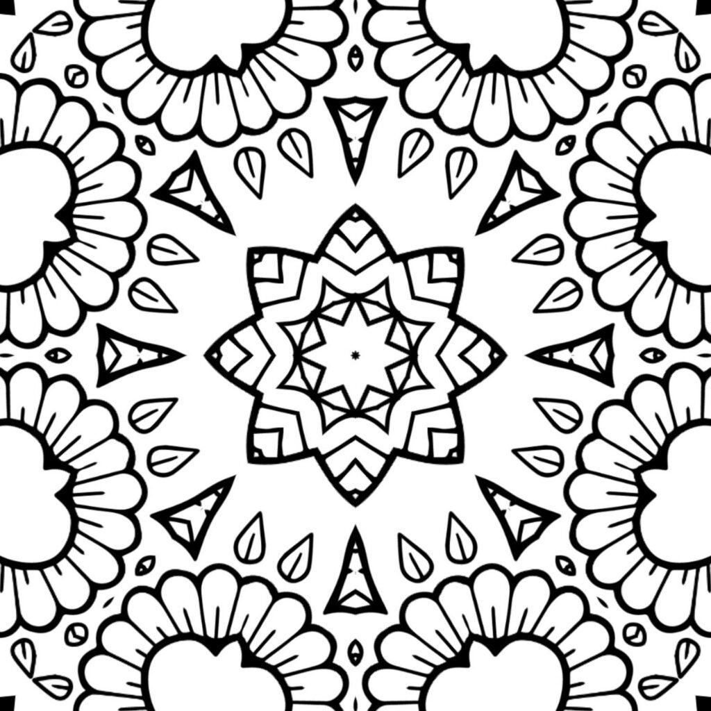 Accessible starburst mandala coloring page with an eight-pointed star center and large, easy-to-color petal shapes, perfect for beginners and stress relief.