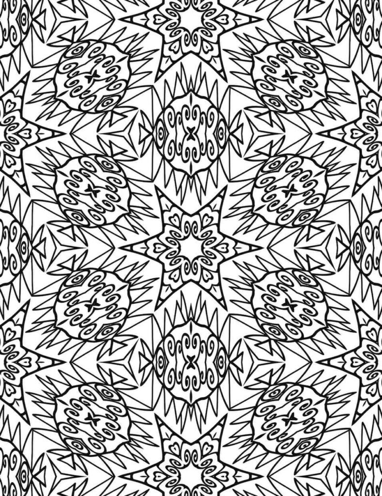 Black and white spiky star mandala with swirling tendrils and heart accents for coloring and meditation