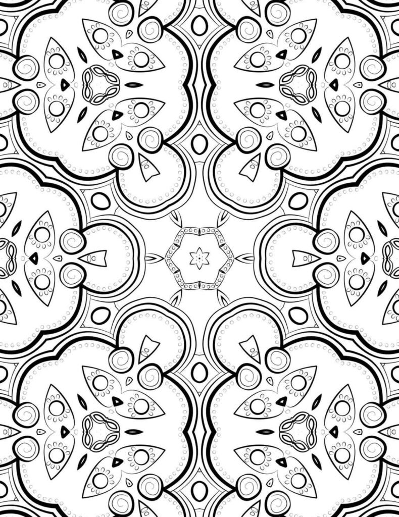 Black and white spiral bloom mandala with curved petals, sun motifs, and star-centered patterns for mindful coloring and art projects
