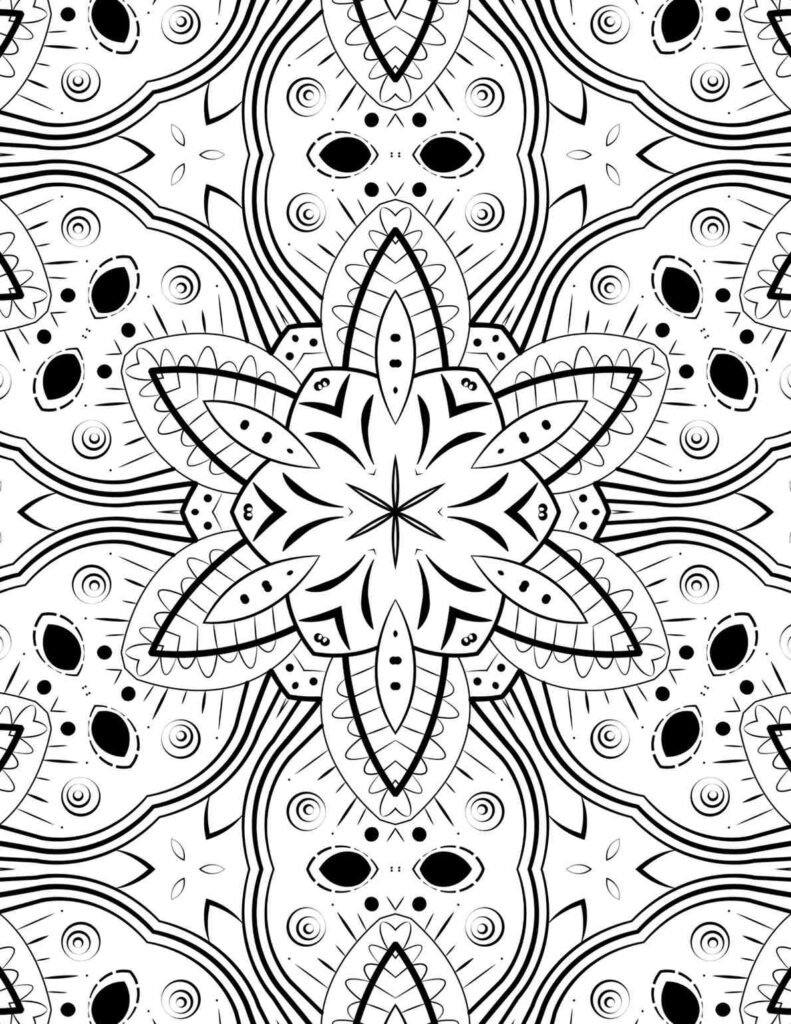 Detailed black and white spiral bloom mandala with swirling floral patterns for coloring and meditation