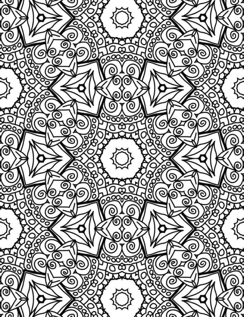 Highly detailed black and white mandala with spirals, diamonds, and layered circular patterns in seamless symmetry