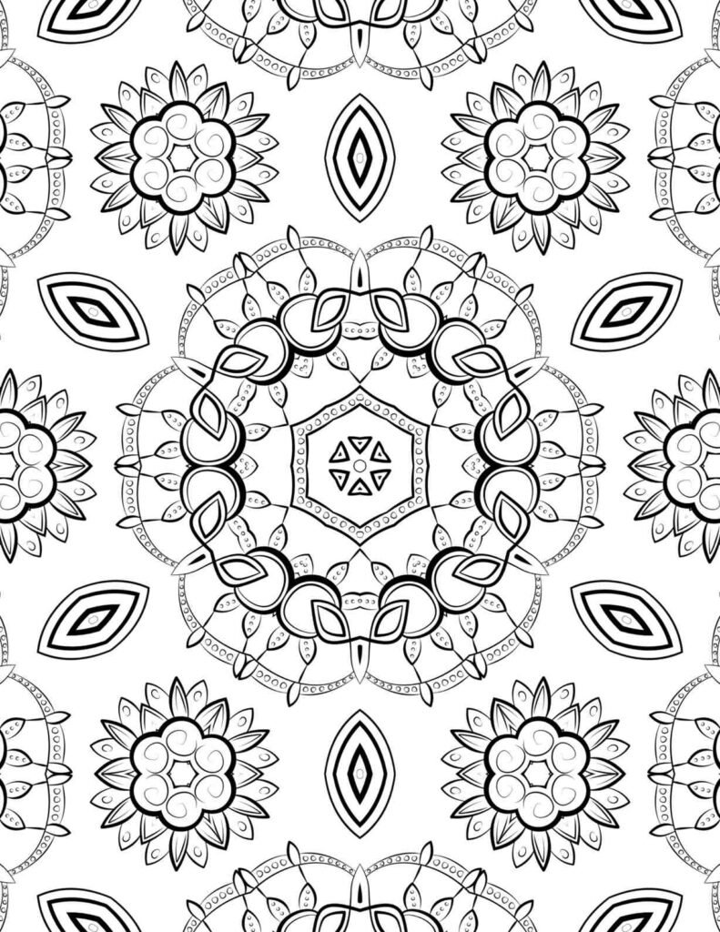 Black and white mandala pattern featuring leafy loops, petal bursts, and spiral-centered floral clusters designed for coloring and mindfulness.