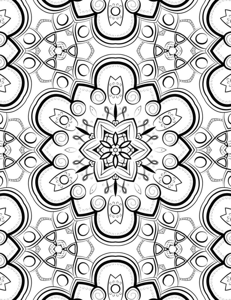 Intricate mandala with owl motifs, swirling spirals, floral layers, and curved geometry for mindful and creative coloring.