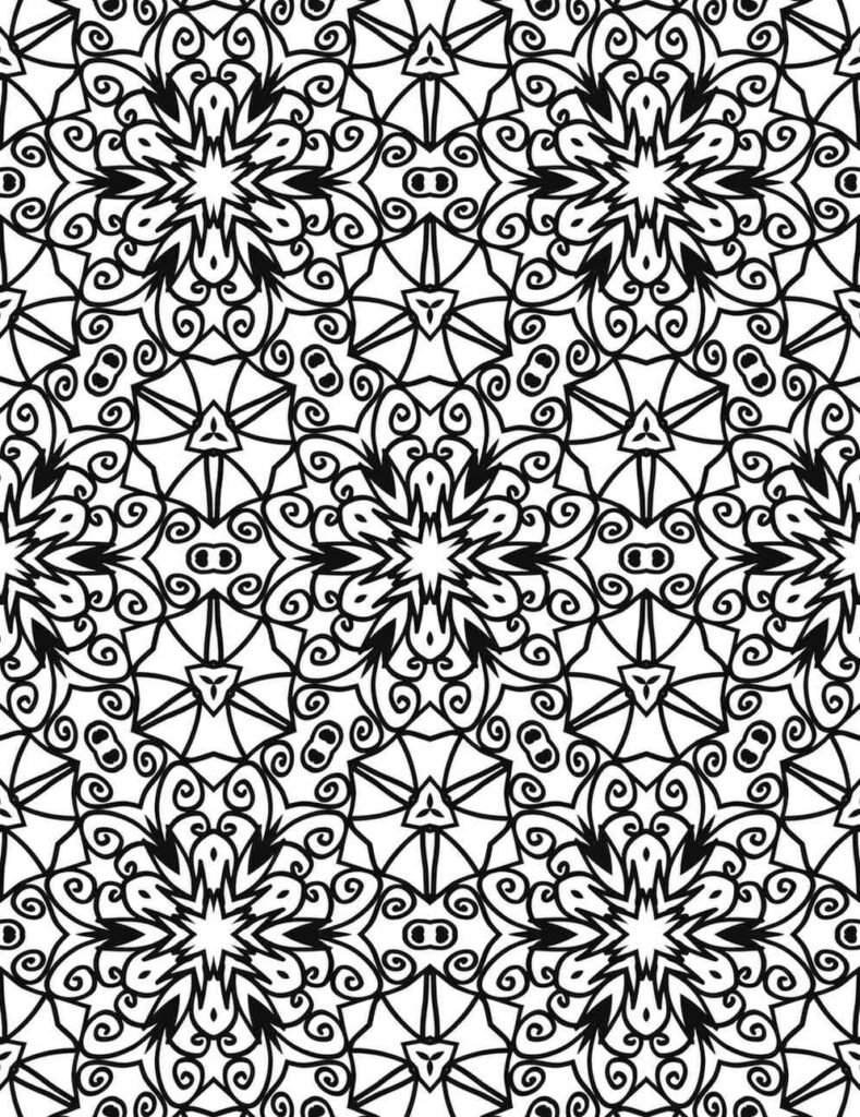 Intricate black and white mandala with repeating star-like bursts, swirling tendrils, and small triangular accents.